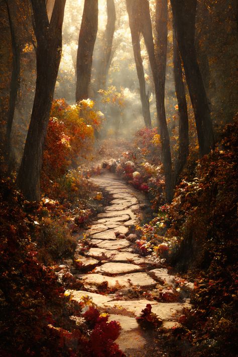 Fall In The Forest, Enchanted Fall Forest, Magical Autumn Forest, Autumn Fae Aesthetic, Enchanted Autumn Forest, Fantasy Autumn Forest Aesthetic, Fall Fantasy Art, Autumn Forest Art, Autumn Fantasy Aesthetic