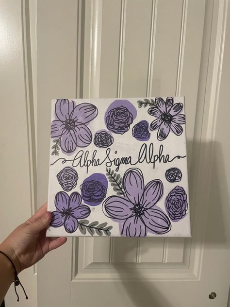 Flower Sorority Canvas, Sorority Letters Painted Ideas, Paddle Ideas Sorority Big Little, Sorority Pin Box Ideas, Sorority Basket Ideas, Pin Box Sorority, Big Little Paintings, Sorority Canvas Ideas, Alpha Phi Canvas