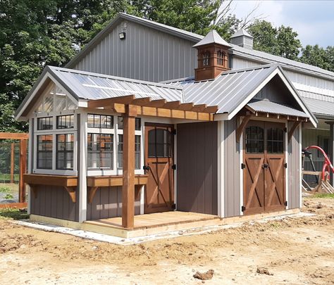 Galvanized Shed Ideas, Outdoor Shed With Porch, Shed With Deck Patio, Shed With Covered Porch, Farmhouse Garden Shed, Shed With Pergola Attached, Garden Shed With Pergola, Church Exterior, Farmhouse Sheds