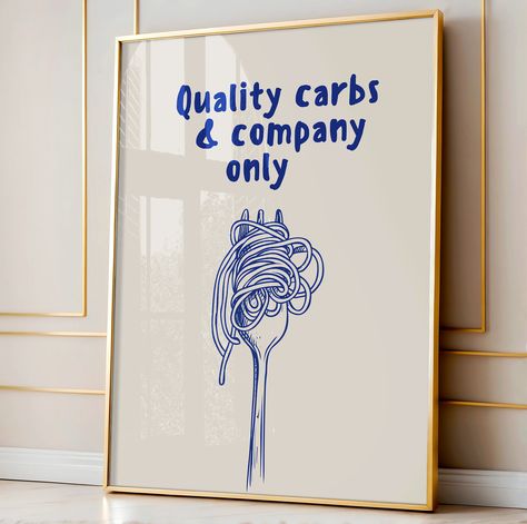 Spaghetti Print, Retro Pasta Quote Wall Decor, Printable, Aesthetic Spaghetti Print, Trendy Pasta Line Art Print, Italian Food Illustration Celebrate your love for pasta with this quirky "Quality Carbs and Company Only" spaghetti print! Perfect for adding a touch of fun to your kitchen or apartment decor, this retro quote poster is a foodie's dream. Featuring stylish line art and a pop of blue, this trendy wall art is a must-have for any Italian food enthusiast! Key Features * Digital download - Spaghetti Quotes, Italian Food Illustration, Spaghetti Illustration, Pasta Quotes, Aesthetic Spaghetti, Pasta Illustration, Trendy Wall Prints, Italian Poster, Italian Wall Art