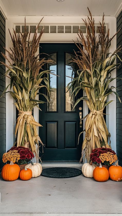 Discover 40 front porch fall decor ideas featuring pumpkins, mums, scarecrows, and straw bales. Create a cozy, rustic ambiance with these charming and creative decorations. Fall Front Porch Decor Columns, Porch Thanksgiving Decor, Outdoor Pumpkin Decor Front Porches, Cornstalk Decor Front Porch, Fall Doorway Decor, Mums Porch, Front Porch Fall Decorating Ideas, Autumn Outdoor Decor, Fall Annuals