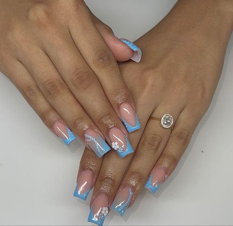 Light Blue French Tips With Design, Light Blue French Tip Acrylic Nails, Blue And White Nails With Initials, Light Blue French Tip Nail Designs, Light Blue Gel X Nails, Baby Blue Short Acrylic Nails, Acrylic Light Blue Nails, Light Blue Nails Square, Light Blue Birthday Nails