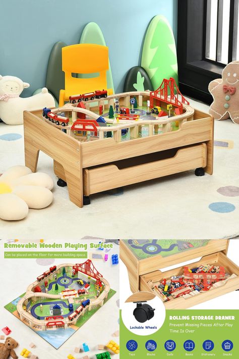 [100 Multicolor Toy Pieces] This train table includes 100-piece accessories, such as railways, vivid characters, appealing houses, signs, vehicles and bridges. Besides, the tabletop with painted landscape enables kids to start adventurous excursions with creativity. By the way, our train table is compatible with universal train track sets. Large Rolling Storage Drawer] When finished playing, it’s quite a breeze to store away toys in the roomy drawer. Train Set Table, Drawer Tracks, Kids Activity Table, Train Table, Rolling Storage, Set Table, Activity Table, Gift For Boys, Kids Activity