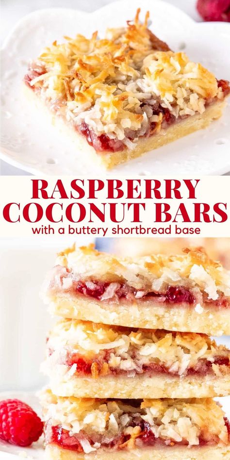 These raspberry coconut bars - AKA raspberry jam bars - have a buttery shortbread base with a sweet raspberry filling and coconut on top. The flavor combo is absolutely addictive and they're simple to make #raspberry #coconut #bars #raspberryjam #shortbread from Just So Tasty https://www.justsotasty.com/raspberry-coconut-bars/ Raspberry Coconut Bars, Raspberry Macaroons, Jam Bars, Coconut Jam, Coconut Macaroon, Raspberry Bars, Coconut Slice, Raspberry Desserts, Slice Recipe