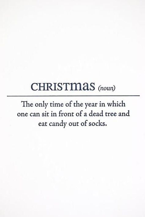 Christmas (Noun) The only time of the year in which one can sit in front of a dead tree and eat candy out of socks. Christmas Quotes Grinch, Funny Christmas Captions, Christmas Definition, Christmas Tree Quotes, Family Christmas Quotes, Funny Christmas Quotes, Christmas Memes Funny, Christmas Poem, Xmas Quotes