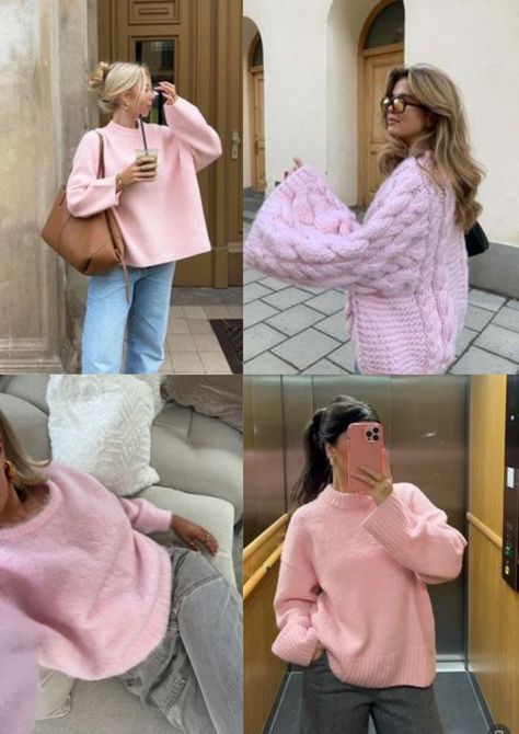 #pink #knitwear #fall #blonde #jumper Pink Comfy Sweater, Pink Knit Jumper Outfit, Pink Knit Top Outfit, Light Pink Jumper Outfit, Outfit With Pink Sweater, Pink Jumper Outfit Winter, How To Style A Pink Sweater, Pink Outfits Aesthetic Winter, Pink Pullover Outfit Winter