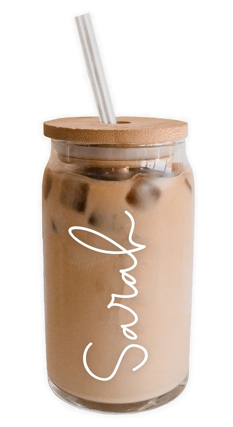 PRICES MAY VARY. GLASS CAN + LID & STRAW: These can-shaped glasses are made of high-quality durable clear glass. Each glass cup comes with a bamboo lid and clear plastic straw. They’re the perfect glass for anyone who loves to drink iced coffee. PERSONALIZED: Each glass cup is personalized with a custom name! Names are printed in a pretty script font in white. Please note that these glasses are NOT laser etched. These are personalized with premium vinyl. GIFT IDEA: Whether they’re drinking morni Custom Holiday Gifts, Friends Coffee, Coffee Glasses, Drinking Jars, Gift Idea For Women, Can Lids, Women Friends, Glass Coffee Cups, Irish Coffee