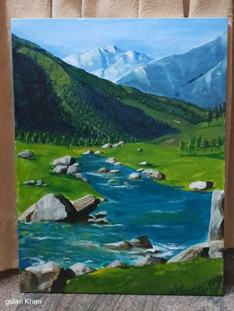 Kashmir Painting Art, Indian Scenery Painting, Acrylic Scenery Painting Ideas, Kashmir Illustration, Canvas Painting Ideas Scenery, Kashmir Drawing, Nature Paintings Acrylic Easy, Kashmir Painting, Simple Scenery Painting