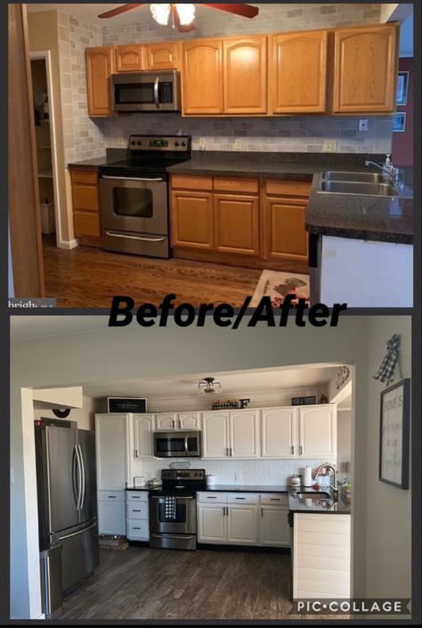 Farmhouse Kitchen Remodel Before After, No Demo Reno Before And After, Fixer Upper Kitchen Before And After, Old Kitchen Before And After, Old Home Before And After, 90s Mobile Home Remodel, Modular Home Kitchen Remodel, Mobile Home Remodel Before And After, Kitchen Ideas Old House