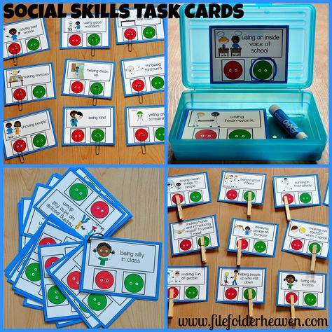 Social Skills Task Cards--Is it a "Go Behavior," or a "No Behavior?"  These task cards lend themselves really well to small group discussions and social skills groups but can be used so many other ways too! ;)http://www.filefolderheaven.com/task-cards/social-skills-task-cards Social Emotional Task Boxes, Self Care Games, Games For Groups, Social Skills Lessons, Social Skills Groups, Elementary Counseling, Social Skills Activities, Teaching Social Skills, Classroom Behavior Management