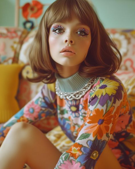 Let’s get groovy 🌸✌🏻 Travel back in time with me today and enjoy some flower power fashion 🥰 Sometimes I think I was born in the wrong time period 🤭 I love everything sixties and especially all the amazing patterns and hairstyles! This set was so much fun to work on and I hope you enjoy it too 💖 Inspired by the amazing Twiggy makeup looks of @creative_by_sabina 💄💋 Go check out her profile! #sprinkleofai #aifashion #fashion #sixties #60s #retro #vintage #vintagestyle #vintagefashion #re... 60s Flower Power Makeup, 60s Art Vintage, 60s Moodboard, Flower Power Makeup, Modern 60s Fashion, Flower Power Outfit, 60's Hair, Retro Vintage Outfits, Twiggy Makeup