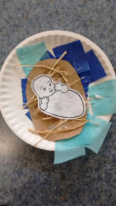 Preschool Passover craft. Baby Moses in a basket. The children glued the baby in the basket first, covered a paper plate with cut crepe paper and then glued the baby basket on top. Moses Craft Preschool, Baby Moses Crafts, Moses Craft, Passover Activities, Passover Crafts, Bible Activities For Kids, Baby Basket, Baby Moses, Bible Story Crafts