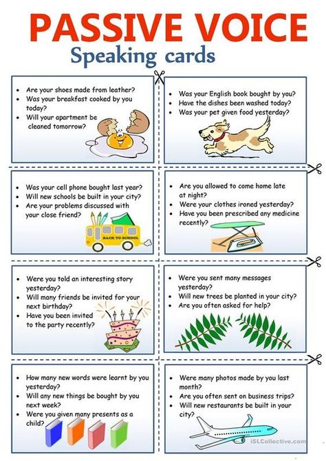 This is a set of 8 printable cards with questions to practice the passive voice. Voice Grammar, Speaking Activities English, Speaking Cards, Passive Voice, English Teaching Materials, Teaching English Grammar, Teaching English Online, Conversational English, Speaking Activities