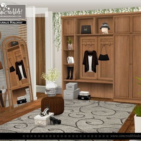 Part of 'Naturalis' series, a Sims4 CC set full of natural elements and earth tones collection that features all basic rooms for a complete house building on this theme. More details here: https://simcredibledesigns.tumblr.com/simcrediblenaturalis Sims 4 Cc Room Divider, Sims 4 Entryway Cc, Sims 4 Hallway Cc, Wooden Entrance, Entrance Room, Huge Mirror, Sims Houses, Sims 4 Bedroom, Cc Mods