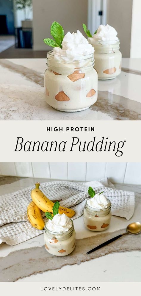 This High Protein Banana Pudding comes together in just under 10 minutes and is made with simple and healthy ingredients. Made with healthy ingredients like cottage cheese, greek yogurt and protein powder. This banana pudding recipe a delicious way to get your protein in. Perfect healthy summer dessert idea! Dessert For Get Together, Healthy Jello Pudding Recipes, Banana Pudding Yogurt Parfait, Protein Pudding Recipe Greek Yogurt, High Protein Puddings, Protein Pudding Dessert, Healthy Desserts Cottage Cheese, Easy Healthy Single Serve Dessert, What To Do With Plain Greek Yogurt