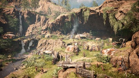 Pictured here, is a screenshot of a video game, Far Cry: Primal. Again this is another conceptual image, however the company, Ubisoft, a very well known company throughout the gaming world did hours of research to try to make this game as historically accurate as possible with the little amount of information that we have. This picture shows a caveman village. You can see that they are beginning to have their own little community. They have huts made from sticks and animal skins. Farcry Primal, Stone Age Art, Far Cry Primal, Prehistoric Man, Giant Bomb, Ark Survival Evolved, Game Environment, Most Beautiful Wallpaper, Far Cry