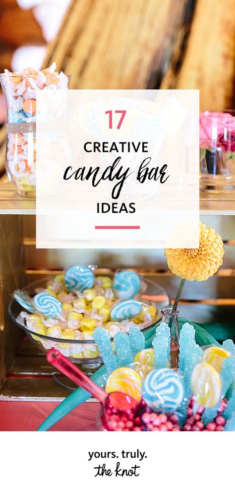 Who doesn't love a beautiful candy bar at a wedding? They multitask as decor and food, plus they're so easy to personalize. Candy Station Ideas Wedding, Rehearsal Dinner Candy Bar, Easy Candy Bar Ideas, Bride And Groom Favorite Candy, Candy Bars For Weddings, Unique Candy Bar Ideas, Engagement Party Candy Bar, Wrapped Candy Bar Ideas, Diy Wedding Candy Bar