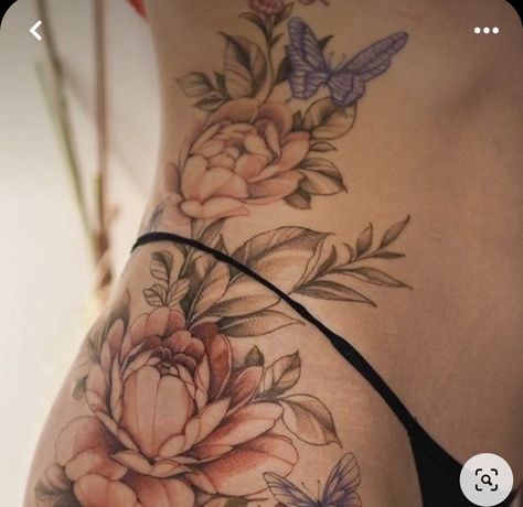 Coloured Back Tattoo Women, Colourful Back Tattoos Women, Lotus Belly Tattoo, Floral Hip Piece, Beautiful Side Tattoos, Stomach Tattoo Flowers, Side Of Thigh Tattoo Women, Flower Hip Tattoo Thigh Piece, Ribcage Flower Tattoo