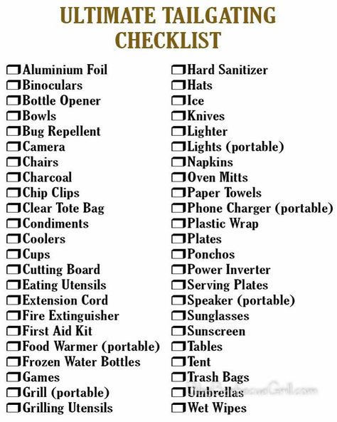 Tailgate Checklist Football, Tailgating Checklist, Tailgate Checklist, Tailgating Hacks, Football Tailgate Party, Bbq Party Food, Tailgate Essentials, Cookout Party, Barbeque Party