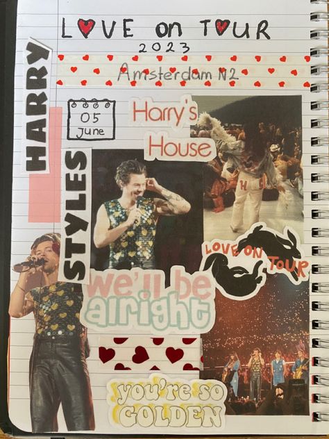 Harry Styles Scrapbook Ideas, Concert Scrapbook Page, Harry Styles Journal Page, Concert Book Ideas, Scrapbook Ideas Concert, Scrapbook Concert Ideas, Harry Styles Journal Ideas, Concert Journal Ideas, Memorie Journal