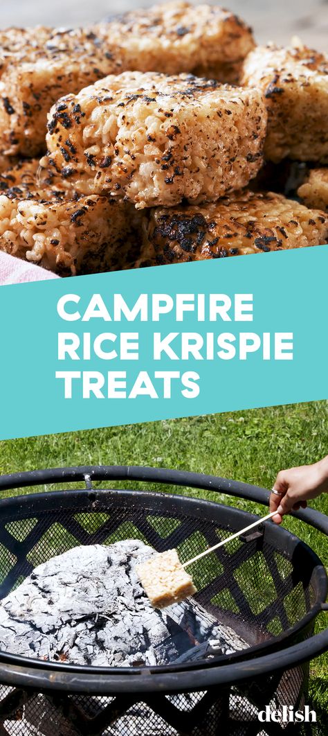 Campfire Rice Krispie Treats are WAY better than s'mores. Get the recipe at Delish.com. #recipe #easy #easyrecipes #delish #rice #dessert #ricekrispies #treats #campfire #camping #summer #marshmallow Rice Krispies Treats Recipe, Campfire Snacks, Toasted Rice, Camping Food Ideas, Rice Treats, Camping Food List, Campfire Desserts, Campfire Marshmallows, Camping Dishes