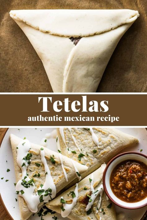 Tetelas are a traditional Mexican dish made from a triangular-shaped corn masa harina dough that's filled with black beans and cheese. This authentic recipe is cooked in a dry skillet and is perfect for breakfast, lunch, and dinner! Authentic Mexican Quesadillas, Authentic Corn Tortilla Recipes, Refried Beans Tostadas, Mexican Food Recipes For A Crowd, Authentic Latin Recipes, Healthy Mexican Recipes Authentic, Fancy Mexican Dinner, Recipes With Masa Harina, Vegetarian Mexican Food Recipes