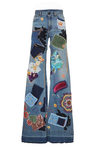 Allover Patchwork Appliqué Medium Wash Jeans by ROBERTO CAVALLI, $5770, blue/multi Clothes Alterations, Outfit Building, Cavalli Jeans, Ropa Upcycling, Singer Dr, Teacher Fits, Dr Wardrobe, Jeans Patchwork, Thread Needle