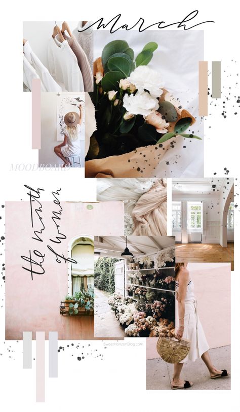 March 2018 Moodboard Sweet Horizon Studio Blog | Brandboard | Handlettering | Calligraphy | Handwriting | Blush Tones | Blush and Grey | Color Scheme | Color Palette | Feminine Colors | Feminine Moodboard | March Moodboard, Pantone Cards, Fashion Editorial Layout, 잡지 레이아웃, Collage Board, Color Schemes Colour Palettes, Blush Tones, Mood Board Inspiration, Fashion Collage