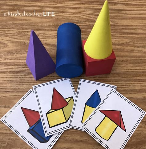 12 Hands-on shape activities. Activities include sorting shapes by attributes, building shapes with play dough, building shapes using positional words, writing a shape book and riddles and puzzles 3 D Shapes Preschool Activities, 3d Shape Craft, 3d Shapes Kindergarten Activities, Playkit Ideas, 3d Shapes Kindergarten, Partitioning Shapes, Shape Activities Kindergarten, Kindergarten Geometry, 2d 3d Shapes