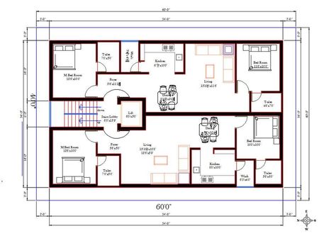 40x60 Apartment Plan, 60 X 40 House Plans Layout, Apartment House Layout, 60x40 House Plans, 2 Bhk House Plan, Furniture Layout Plan, House Plan Drawing, 40x60 House Plans, Commercial Building Plans