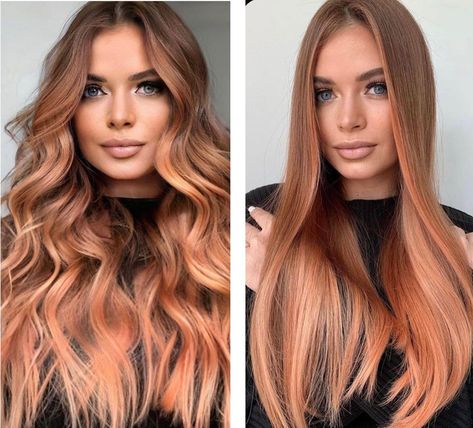 Apricot Ombre Hair, Copper And Peach Hair, Peach Copper Hair Color, Brown Peach Hair, Peach Fuzz Hair Color, Peach Highlights Hair Dark Brown, Peach Pumpkin Hair, Red Peach Hair, Peach Color Hair