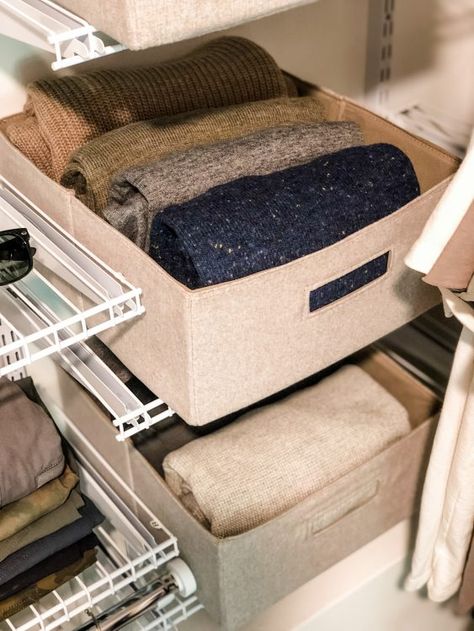 Creating A Functional Shared Closet With Wayfair - Organized-ish Sweater Storage In Closet, Sweater Organization Ideas, Closet Sweater Storage, Sweater Organization Closet, Sweaters In Closet, Sweater Storage Ideas, Closet Detox, Wire Closet Systems, Closet On A Budget