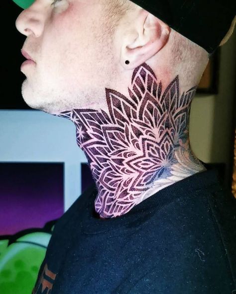 Filler Tattoo Ideas Gap Geometric, Dot Work Neck Tattoo Men, Geometric Throat Tattoo Men, Mandala Throat Tattoo Men, Mandala Neck Tattoo Men, Throat Tattoo Men Design, Full Throat Tattoo Men, Mandala Throat Tattoo, Filler Tattoo Ideas Gap Men