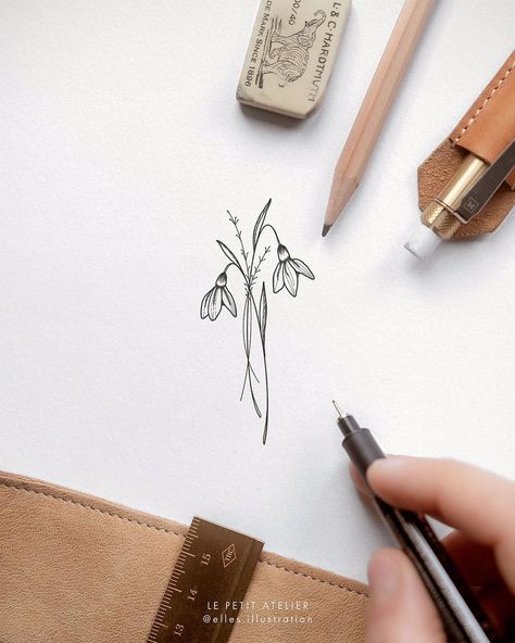 January birthflower snowdrop minimalistic tattoo design birth flower fineliner illustration ↟ Elles Nijland ↟ Le Petit Atelier • @elles.illustration Snowdrop Butterfly Tattoo, Snowdrop Flower Tattoo Behind Ear, January Birth Tattoo Ideas, January Birth Flower Fine Line Tattoo, Snowdrop Line Tattoo, Snowdrop Back Tattoo, Tattoo Snowdrop Flower, Snowdrop Flower Drawing Simple, January Flower Tattoo Snowdrop