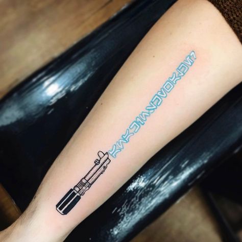 Lightsaber Tattoos, Lightsaber Tattoo, Nerdy Tattoos, Tattoos To Cover Scars, Nerd Tattoo, Tattoos With Kids Names, Star Wars Tattoo, Matching Tattoo, Music Tattoos