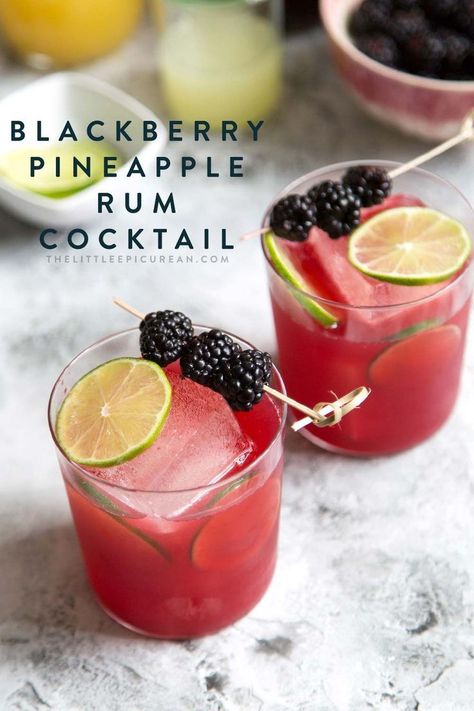 Apr 27, 2020 - This tiki inspired blackberry pineapple rum cocktail is made with lime juice, dark rum, pineapple juice, and blackberry syrup. It's a lively and refreshing summer beverage! Pineapple Rum Cocktail, Summer Rum Cocktails, Blackberry Syrup, Pineapple Rum, Cocktail Sauce, Boozy Drinks, Rum Cocktail, Summer Cocktail Recipes, Mixed Drinks Recipes