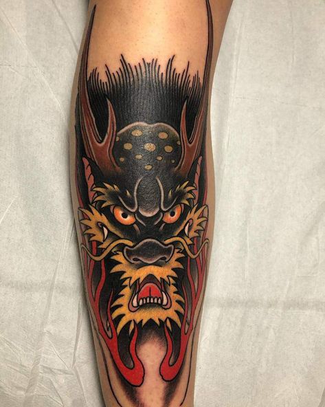 Dragon Head Tattoo Traditional, Dragon Cat Tattoo, Japanese Dragon Face Tattoo, Samurai Tattoo Traditional, Japanese Black And Grey Tattoo, Traditional Dragon Head Tattoo, Old School Dragon Tattoo, Neo Traditional Dragon Tattoo, Traditional Samurai Tattoo