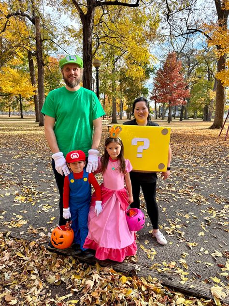 Super Mario Family Costume Ideas, Super Mario Kids Costume, Mario Brothers Family Costumes Diy, Mario Luigi Princess Peach Costume Family, Family Of 5 Halloween Costumes Mario, Family Mario Bros Costumes, Super Mario Bros Halloween Costumes Family, Mario Party Family Costume, Mario Brothers Halloween Family