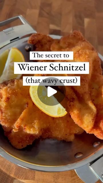 Astrid Lamarche | Austrian Bakery in San Diego on Instagram: "5 essential things for the perfect Schnitzel A real Wiener Schnitzel is quite simple and tricky at the same time. You need meat (veal is the original Wiener Schnitzel), salt, pepper, flour, eggs, breadcrumbs, clarified butter, and a pan. But there’s more to it: 1. A good frying pan is essential. It should have a thick bottom which distributes the heat evenly. Cristel’s Casteline frying pan used here has great heat diffusion. It also comes with a detachable handle that you can switch with side handles. (See discount code info below 😍) 2. The ultimate secret for the wavy crust: dip the pounded Schnitzel in minimal water on both sides. The water will be encased in the breading and once in the pan, the resulting steam will produ Wiener Schnitzel Recipe, Jaeger Schnitzel, Schnitzel Recipe, Schnitzel Recipes, Veal Cutlet, Rump Steak, Pork Schnitzel, Wiener Schnitzel, Clarified Butter