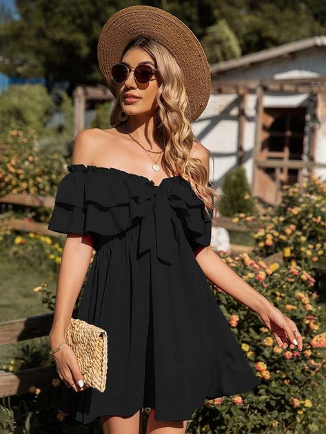 Off Shoulder Frill Knot Front Tiered Layer Dress | SHEIN USA Wrap Top Outfit, Soft Dresses, Elegant White Dress, Layer Dress, Teen Fashion Outfits, Women Dresses, Teen Fashion, Summer Women, Off Shoulder Dress