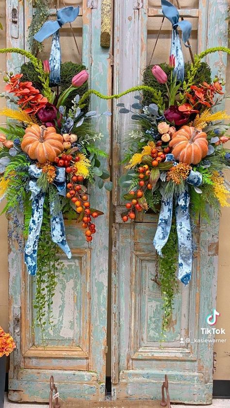 [PaidLink] Kasie Warner On Instagram: Designing A Pair Of Fall Wreaths..This Custom Order Really Needed To Pop On Her Doors! I CanT Wait To See Them In Action. #diyfallwreathforfrontdoor Fall Decor Wreaths, Fall Swags, Fall Flower Arrangements, Fall Door Decorations, Fall Arrangements, Fall Thanksgiving Decor, Fall Deco, Autumn Decorating, Fall Front Porch