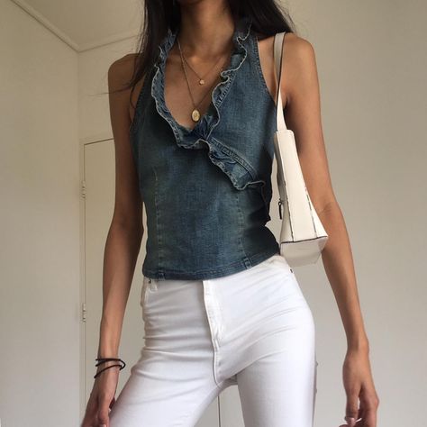 Vintage denim halter neck top! So cute, major 70s... - Depop Halter Neck Crop Top, 70s Vibes, Halter Neck Top, Dream Clothes, Denim Top, Vintage Denim, Halter Neck, Halter Top, Clothing Items