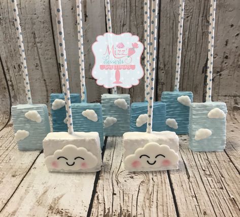 Cloud Rice Krispie Treats Cloud 9 Candy Table, Cloud Rice Krispie Treats, Cloud Candy Table, Cloud Theme Cupcakes, Cloud Theme Cake Pops, Cloud Baby Shower Dessert Table, Cloud Dessert Ideas, Cloud Theme Treats, Cloud Themed Desserts