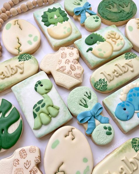 A little dino is hatching soon🦕 It was so fun working on these cookies last week and incorporating hand painted details to some of the designs! The onsie is my favorite🤍 . . . #decoratedcookies #sugarcookiesofinstagram #customcookies #edibleart #baker #cookier #cookieart #handmade #dinosaurcookies Dinosaur Cookies, Baby Shower Cookies, Cookie Art, Edible Art, Custom Cookies, Fun At Work, Cookie Decorating, Instagram A, Sugar Cookie