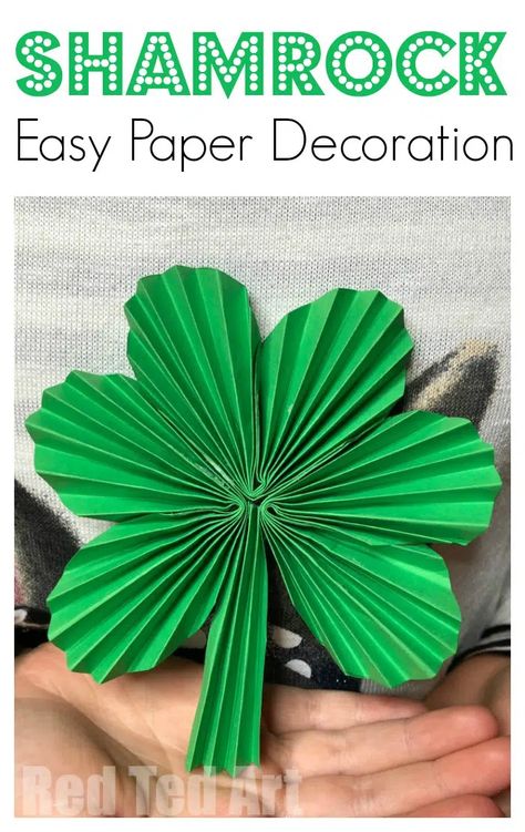 Paper Fan Shamrock Decorations - Red Ted Art - Kids Crafts St Patrick’s Day Paper Crafts, Shamrock Decorations, Sant Patrick, Shamrock Garland, Shamrock Craft, Potato Stamp, Fete Saint Patrick, Potato Print, March Crafts