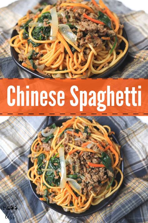 Chinese Spaghetti Rice And Spaghetti Sauce Recipes, Chinese Spaghetti Noodles, Spaghetti Asian Noodles, Ground Beef Chinese Food, Spaghetti Asian Style, Asian Spaghetti Recipes, Chow Mein With Spaghetti Noodles, Asian Style Spaghetti, Easy Lo Mein Recipe With Spaghetti