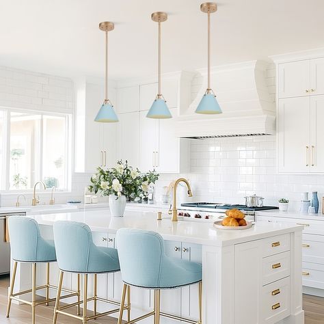 Modern 1-Light Cone Pendant Light for Kitchen Island Dining Room - D8"x H 7" - On Sale - Bed Bath & Beyond - 33457986 Modern Light Blue Kitchen, Kitchen Island Types, L Shaped Kitchen And Dining Room, Accent Island Color, Light Blue Island Kitchen, Blue Pendant Lights Over Kitchen Island, Light Blue Kitchen Island, Baby Blue Home Decor, Poop Aesthetic