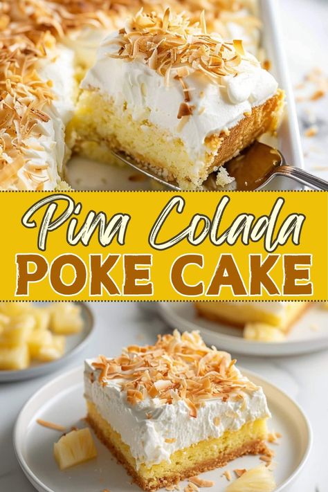 This pina colada poke cake tastes just like a piña colada in dessert form. It’s tropical, creamy, and completely irresistible! Pina Colada Poke Cake Recipe, Pina Colada Poke Cake, Pina Colada Mix, Cake Transport, Pina Colada Cake, Poke Cake Recipe, Tropical Desserts, Boozy Desserts, Poke Cake Recipes