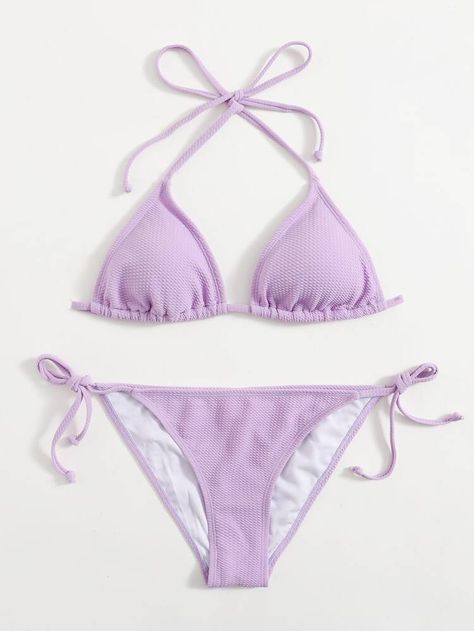 Textured Triangle Tie Side Bikini Swimsuit | SHEIN USA Purple Swimwear, Purple Bathing Suit, Triangle Bathing Suit, Purple Swimsuit, Purple Bras, Cute Bikinis, Lilac Purple, Beachwear For Women, New Outfits