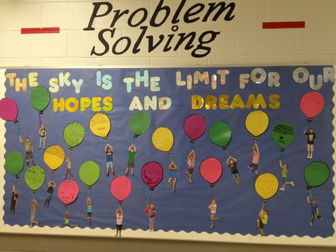 The sky is the limit for our hopes and dreams. Maybe different things we see in the sky? Hopes And Dreams Bulletin Board, School Counseling Bulletin Boards, Colorful Bulletin Boards, Beginning Of Kindergarten, First Day Activities, Responsive Classroom, 1st Grade Writing, Math Journal, Teacher Boards